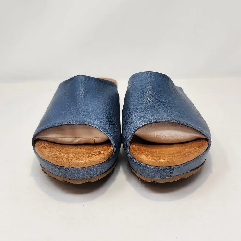 Sesto Meucci Blue Leather Wedge Slide Mule Sandal Women Size 9.5 M Open Toe